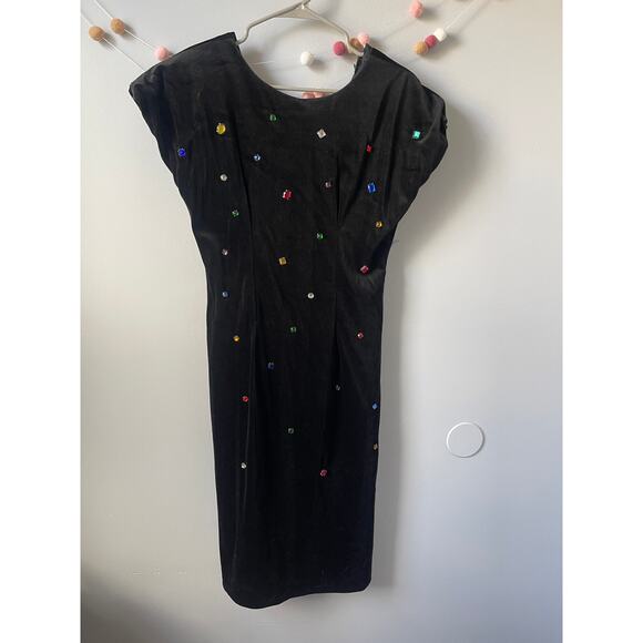 Vintgae 50s Beverly Collection Jeweled Black Velvet Cocktail Dress - Picture 1 of 6